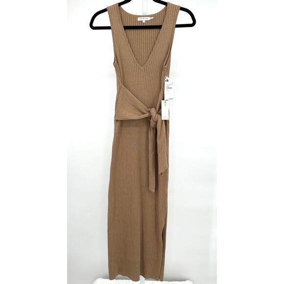 Good American Rib Knit Tie Waist Midi Dress in Taupe Large - Picture 4 of 11